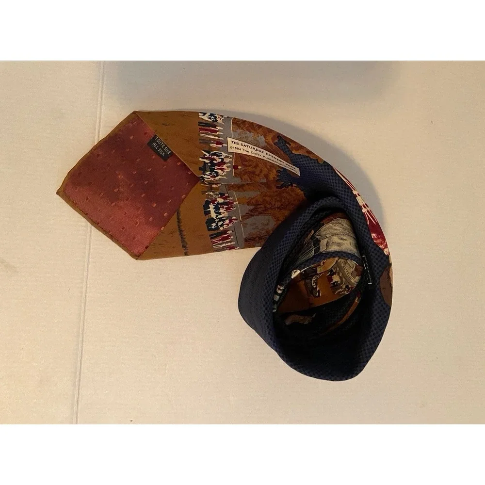 Norman Rockwell Mens Silk Tie Saturday Evening Post Vintage Football Brown Blue